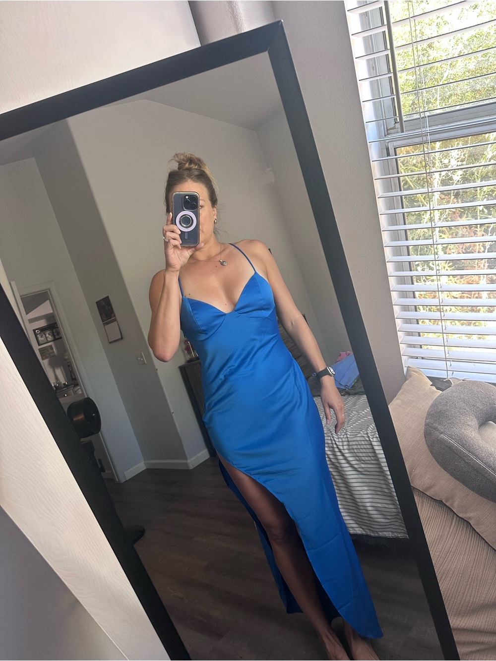 Lulu's Electric Blue Satin Spaghetti-Strap Maxi Dress with High Slit NWT